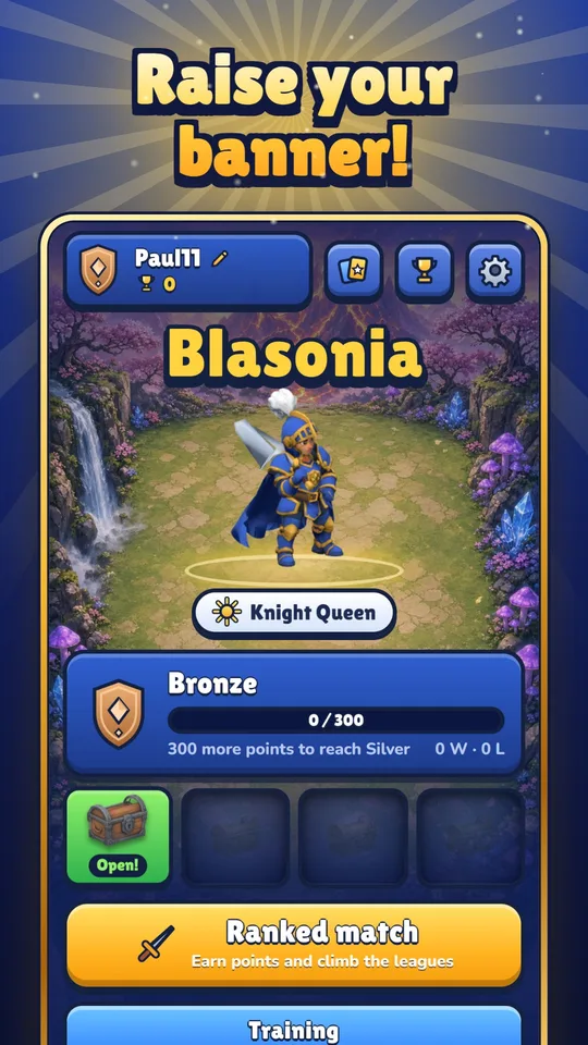 Blasonia screenshot: Home: your league, your chests and a featured hero